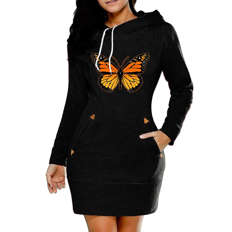 Robe imprimée papillon pour femme, robe à capuche, longueur genou, fermeture éclair latérale, sport de la présidence, automne, sourire chaud, jupe décontractée 03, mode