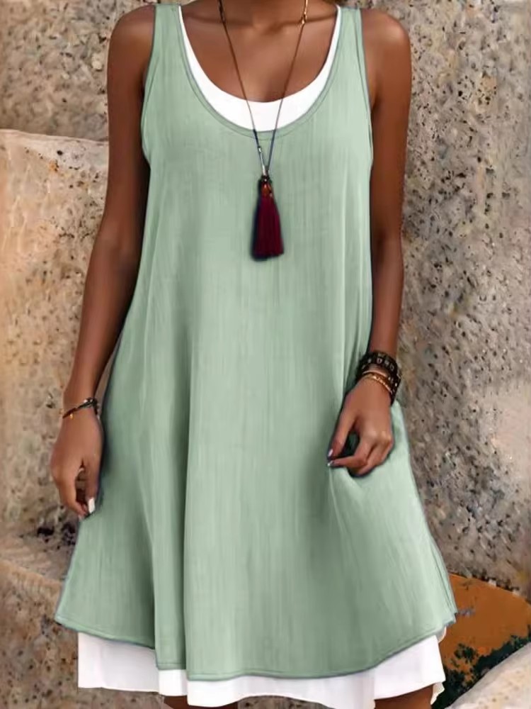 Robe verte décontractée pour femmes, faux deux pièces, robes élégantes, mode féminine, bureau, vacances, robe de plage, été, nouveau