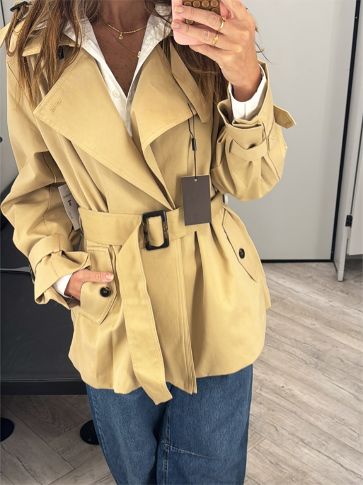 Manteau trench court kaki pour femme, avec épaulettes, double revers, ceinture à la taille, poignets amples, poches à boucle, veste décontractée