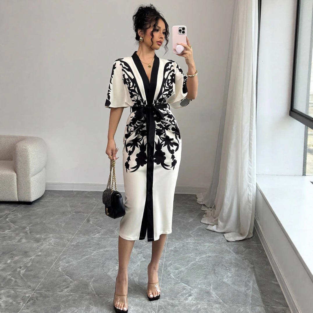 Nouvelle Robe Midi Femme 2026 Imprimée Fleurs avec Taille Nouée pour Soirée et Cérémonie, Manches Mi-Longues, Col en V, Coupe Trapèze pour le Bureau