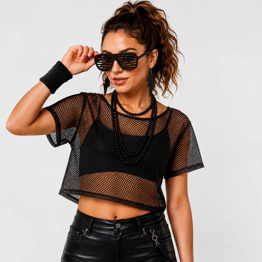 Ensemble de tenue disco hippie des années 80, haut court en maille néon, chauffe-jambes, bandeau, boucles d'oreilles, lunettes, accessoires de costume rétro pour Halloween et carnaval