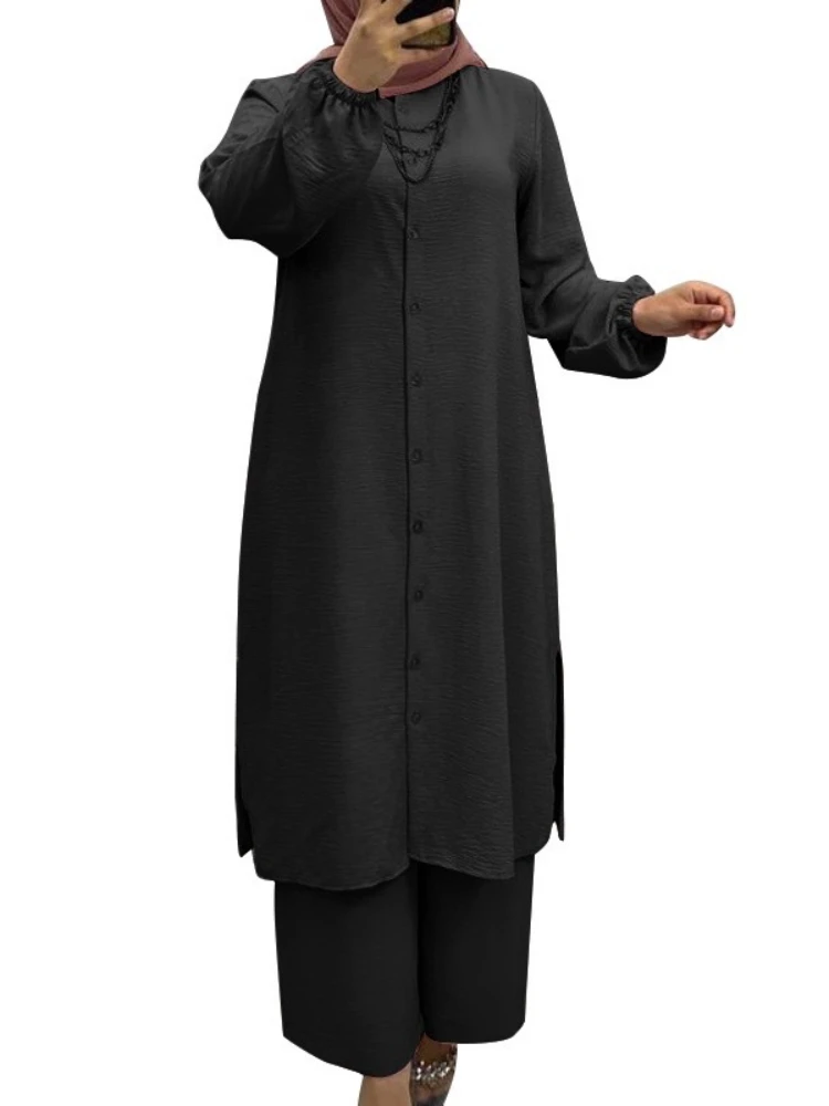 Eid Ensemble musulman femmes 2 pièces chemise Blouses pantalon à jambes larges Musulman Ensemble dubaï décontracté arabe Ramadan caftan 2024 tenue costumes