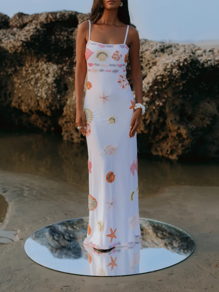 Robe longue imprimée coquille d'étoile de mer pour femmes, bretelles Spaghetti, dos nu, moulante, vêtements de plage, vacances d'été, 2025