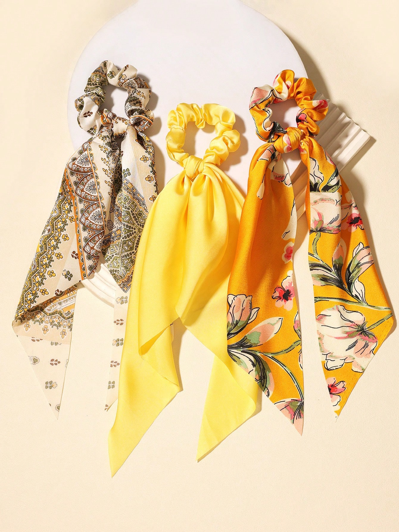 Bandana triangulaire en Satin imprimé artistique, nouveau Style, couleur unie, accessoires pour foulards longs, porte-queue de cheval, attaches pour cheveux, 3 pièces