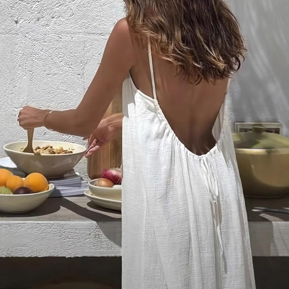 Robe longue ample dos nu pour femme, couleur unie, élégante et polyvalente, style balançoire, pour la plage, été 2026