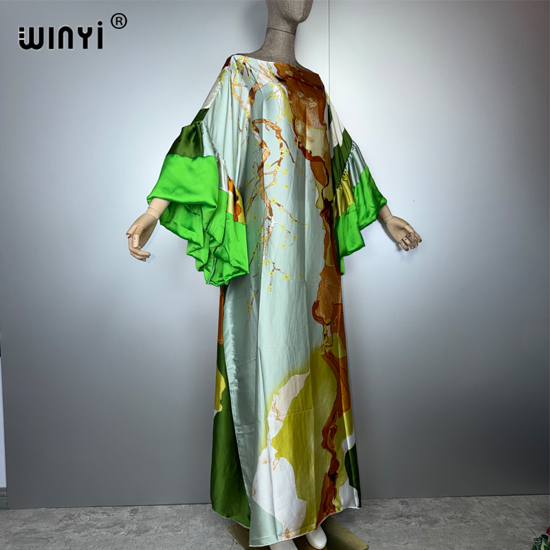 WINYI Robe de soirée bohème d'été à manches bouffantes, Abaya de luxe de Dubaï, Kaftan ample imprimé pour femme, Vêtement musulman, Robe de plage