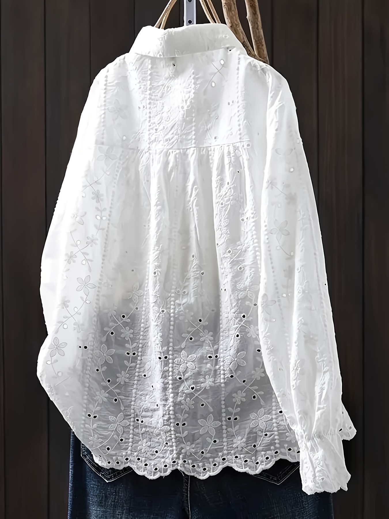 Chemisier blanc vintage ajouré pour femme, chemise ample en coton à manches longues, haut décontracté à superposer