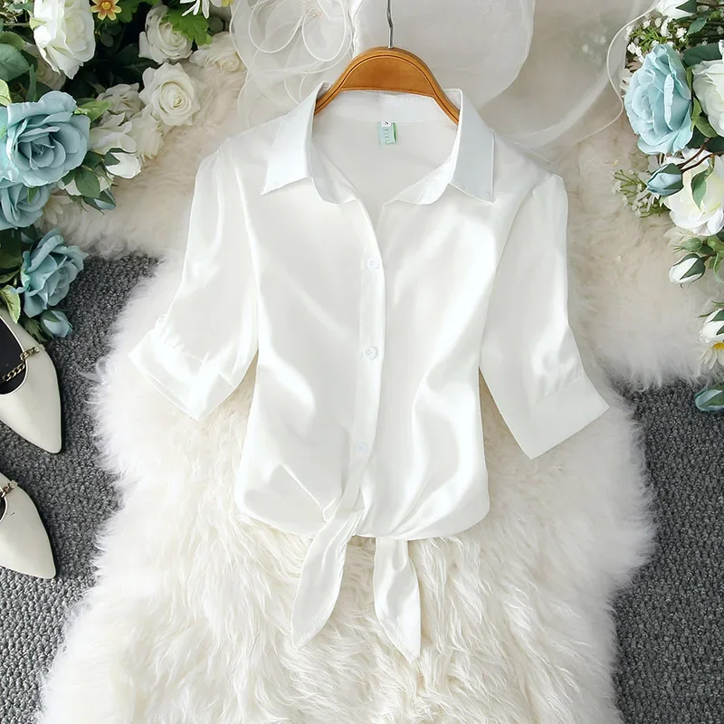 Été chemise blanche 2025 basique à manches courtes femmes Blouses solide boutonné petit haut noué taille élégante femmes tuniques hauts 19870
