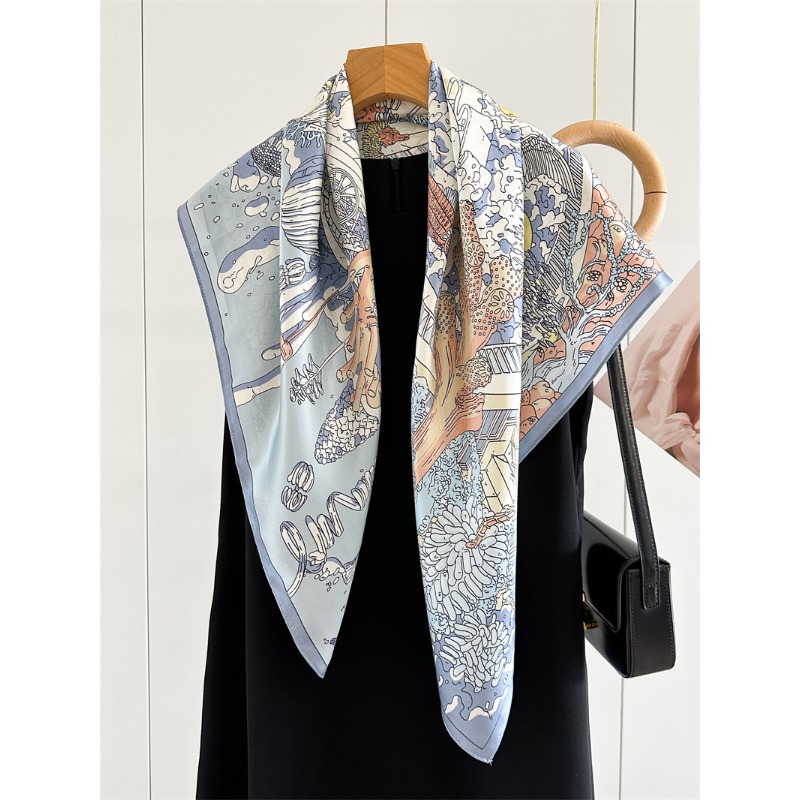 Foulard en twill de soie de mûrier 100% 90x90cm, imprimé Palais Sous-Marin Fantaisie, bord roulé à la main, accessoire de mode féminin pour le cou, la tête ou la poche