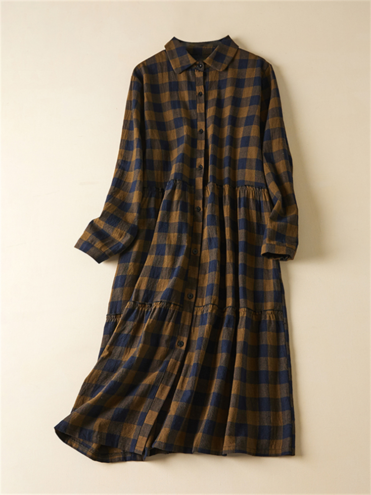 Robes vintage à carreaux en coton pour femmes, robe longue élégante décontractée, style coréen, dame de bureau, travail, vêtements de mode, printemps, automne