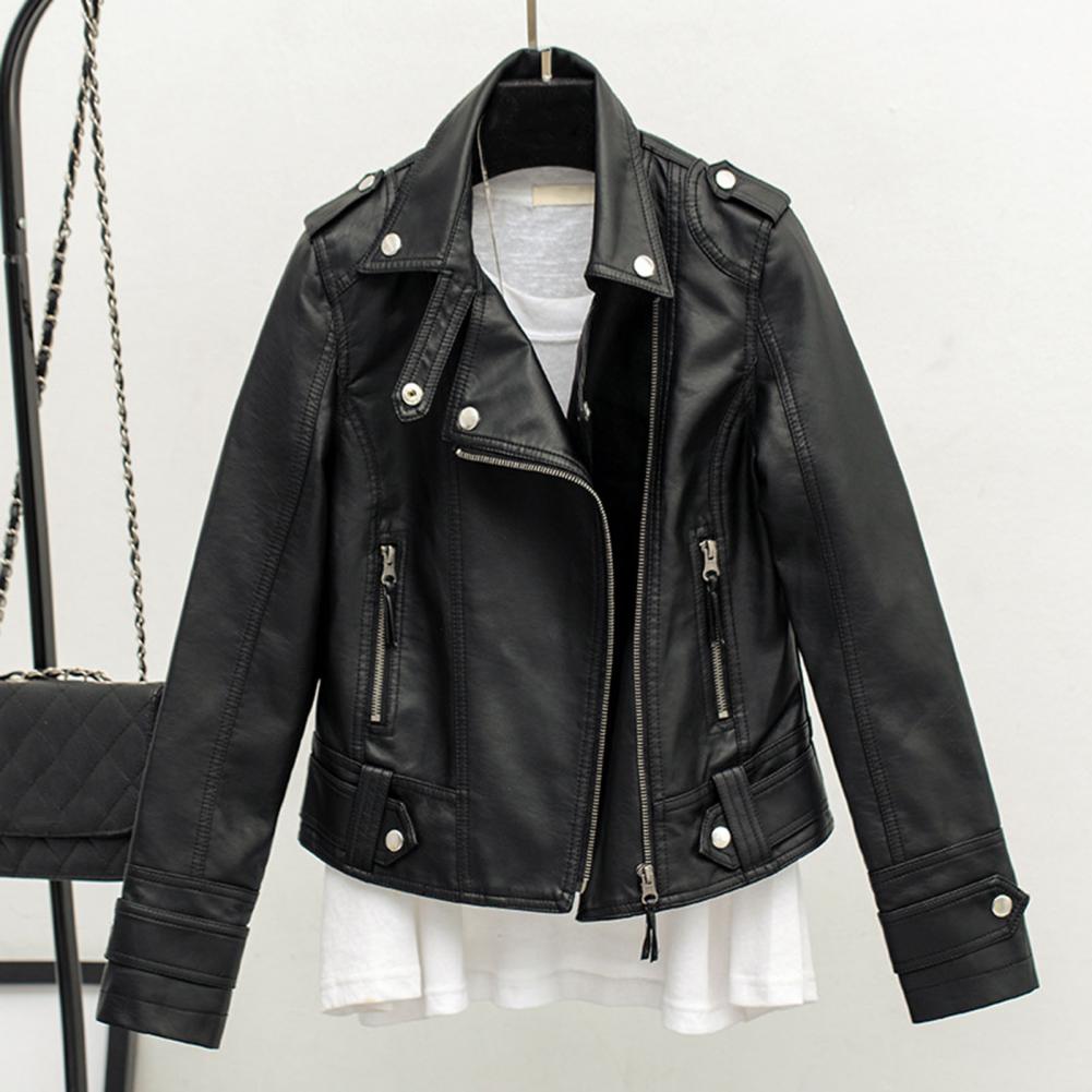 Femmes recadrée Trench revers col vestes en cuir manteau avec ceinture femme simple bouton veste courte moto veste vêtements d'extérieur