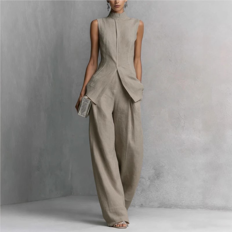 Nouvel ensemble de costume en coton et lin uni pour femme : haut sans manches à col roulé et pantalon taille haute, tenue ample boutonnée printemps-été