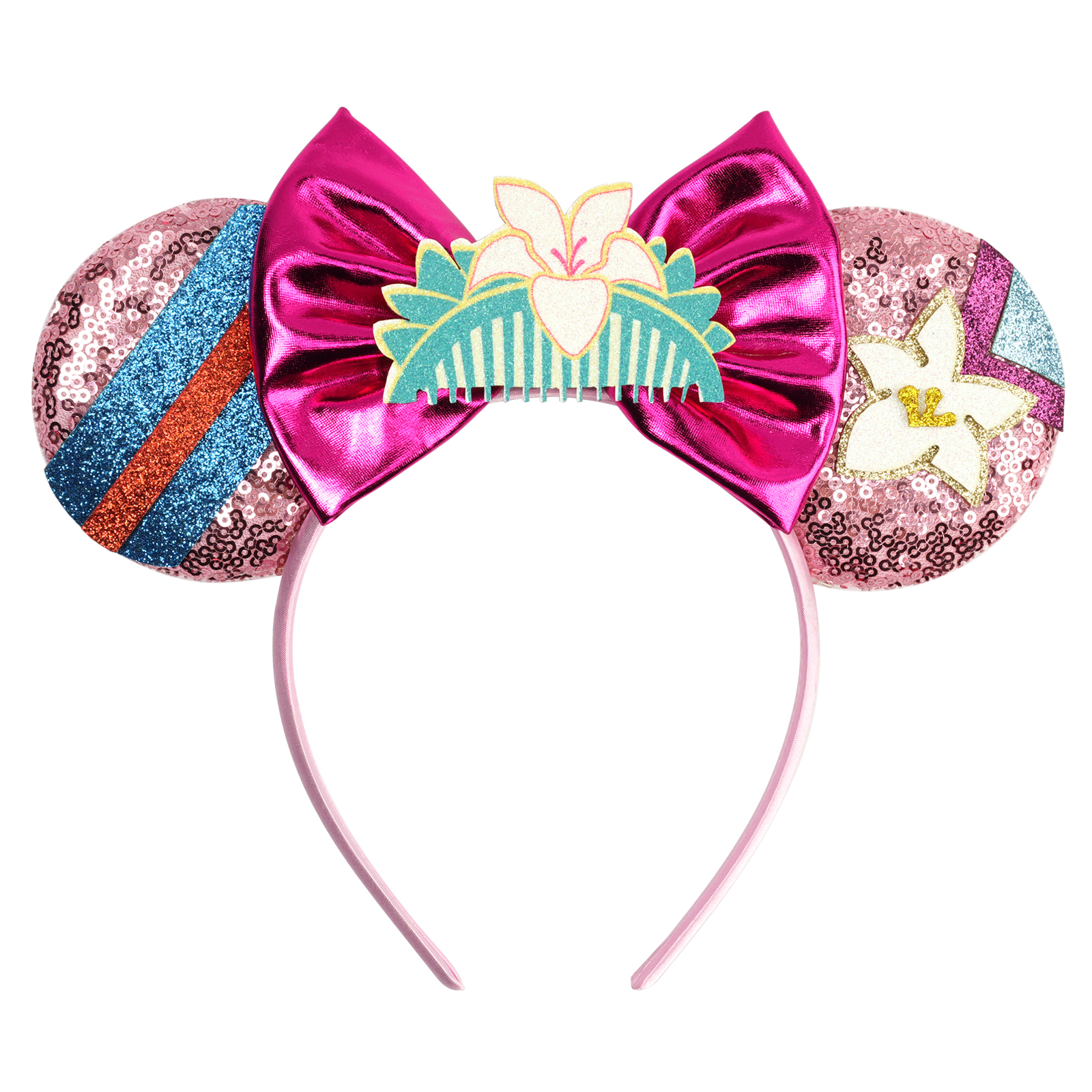 Serre-tête mignon Mulan pour fille, motif dessin animé, avec oreilles, fleur de magnolia, sequins et nœud, accessoires de cheveux pour enfants et femmes, carnaval