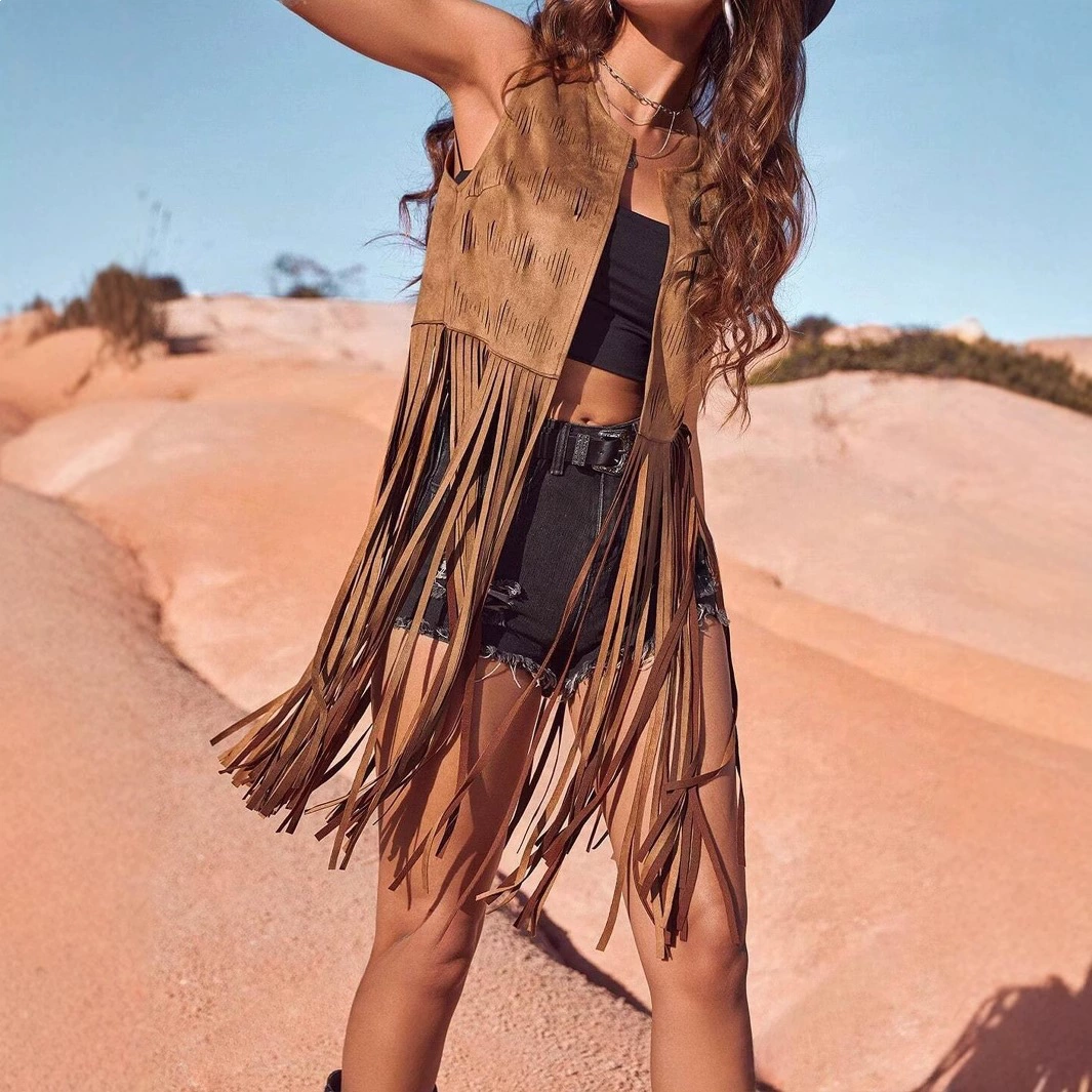 Gilet à franges sans manches pour femmes, style européen et américain, à la mode