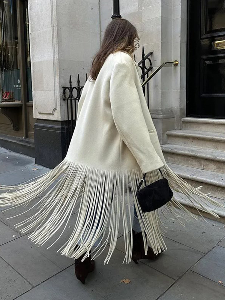 Manteau en laine à franges élégant pour femme, col rabattu, manches longues, poches, veste d'automne, mode Streetwear, Trench-coat, 2023