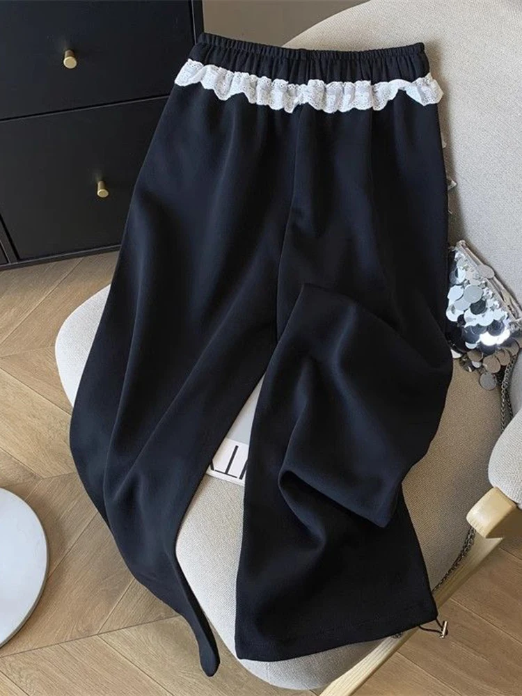 Pantalon de survêtement en dentelle grise pour femmes, taille haute, doux, mode coréenne, ample, élégant, assorti avec tout, jambes larges