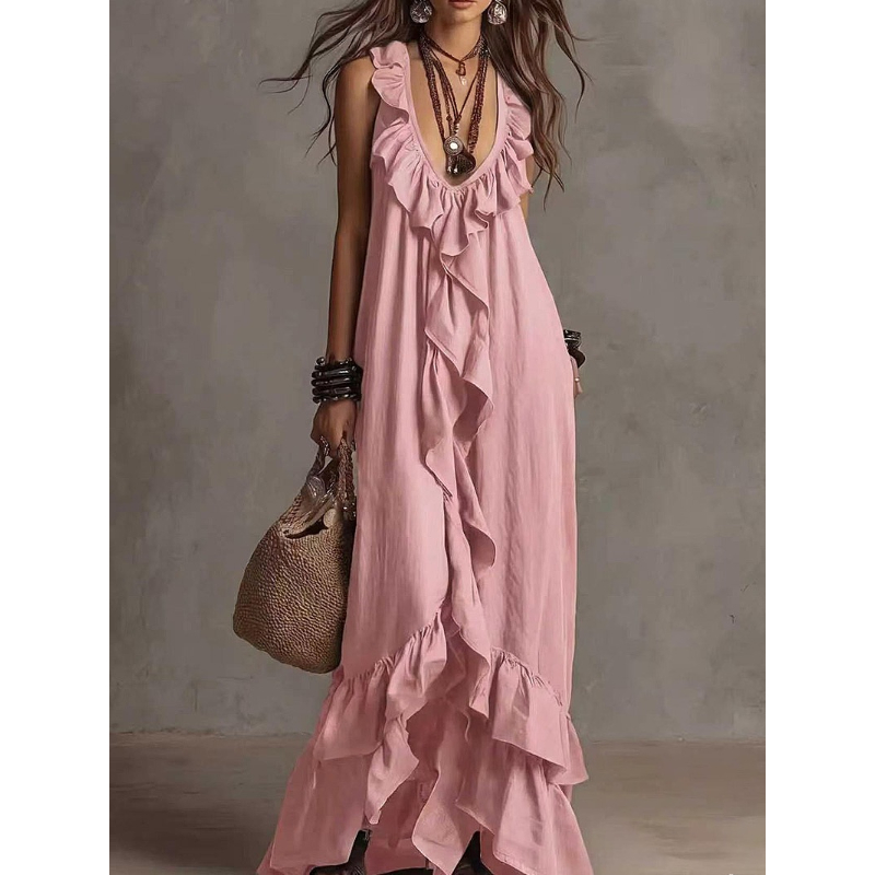 Robe longue bohème à volants, décolleté en V profond, sans manches, à volants en cascade, ample et fluide, longueur ras du sol, pour la plage, les vacances, décontractée, robe longue de plage