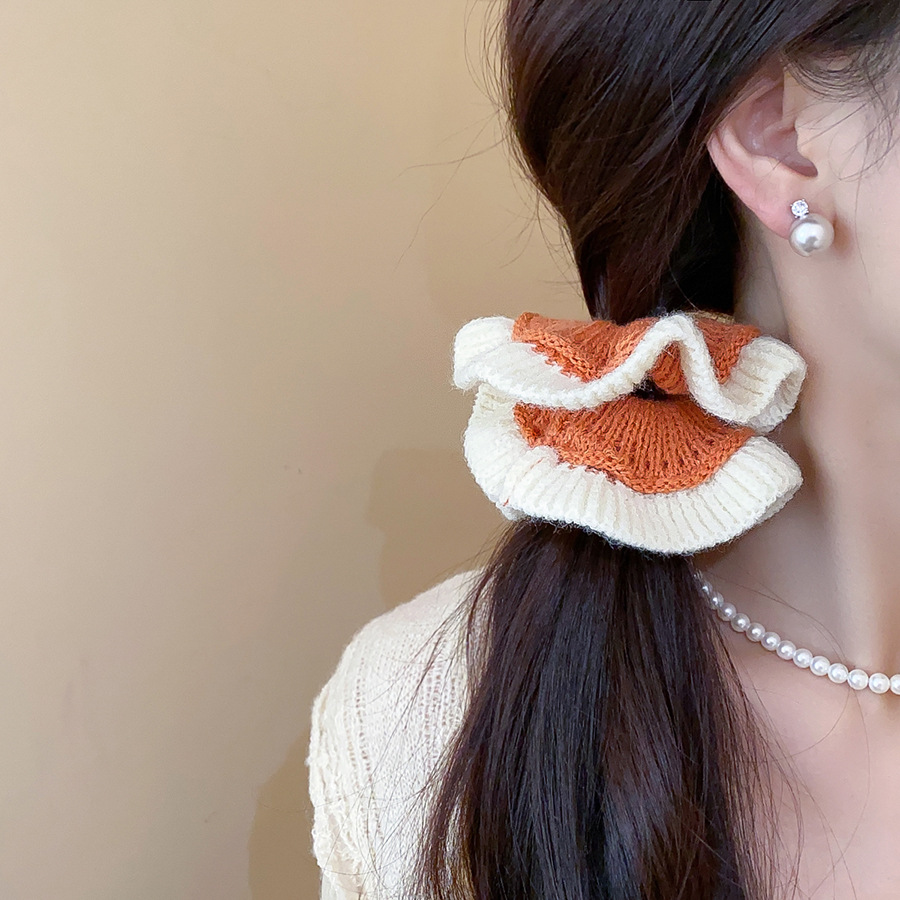 7 styles de grands chouchous tricotés pour femmes, élastiques à blocs de couleur, plissés, à motif floral, pour queue de cheval, accessoires de coiffure mignons M