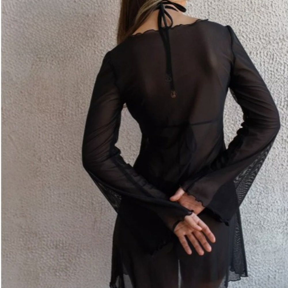 Robe de plage transparente en maille pour l'été, manches longues évasées, col rond, mini-robe moulante fine pour la plage