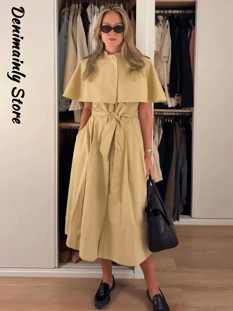 Robe midi chemise cape pour femme, style trench modeste, col montant, sans manches, à laçage à la taille, robes automne 2026