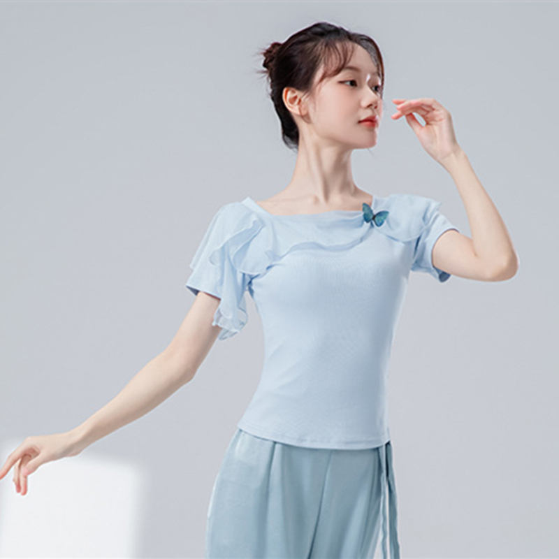 Tenues de danse pour femmes, chemise à manches courtes en maille de gaze épissée, chemisier d'entraînement de Ballet élégant, Costumes de pratique sur scène de rime corporelle