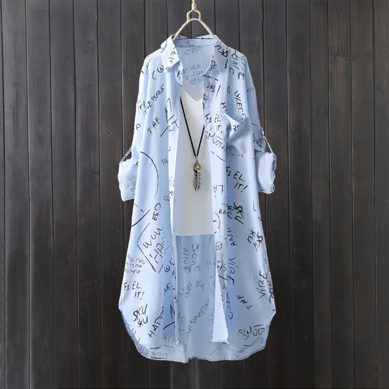 Chemise à manches longues pour femmes printemps et été lettre imprimée lâche protection solaire cardigan chemise haute manteau mince mi-long