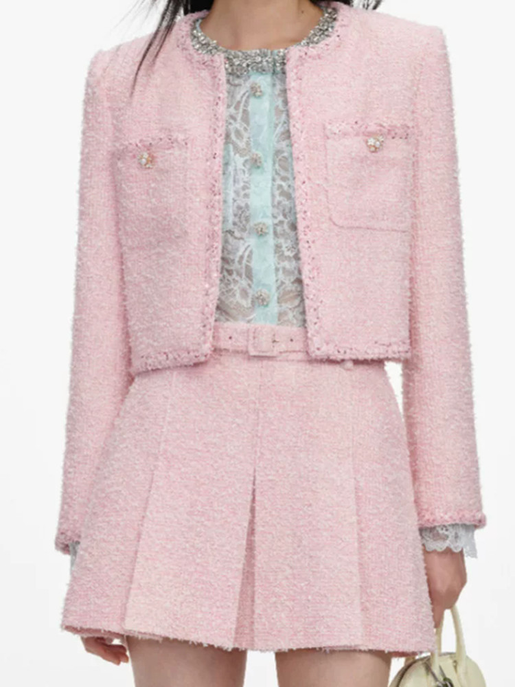 Veste en tweed rose pour femme à manches longues et col rond, ou mini-jupe plissée évasée avec ceinture