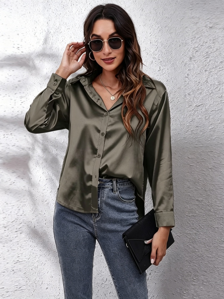 Chemise élégante à manches longues en satin pour femme, col en V, décontractée, pour le bureau ou le travail
