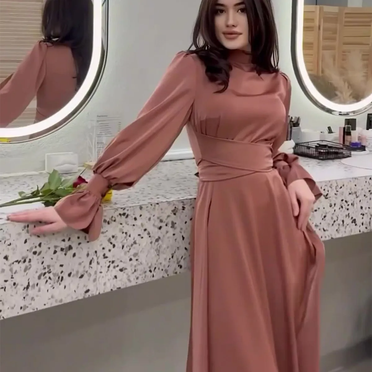 Abayas en satin à manches longues pour femmes, robe musulmane décontractée, robes de soirée minces, tempérament élégant, Dubaï, printemps