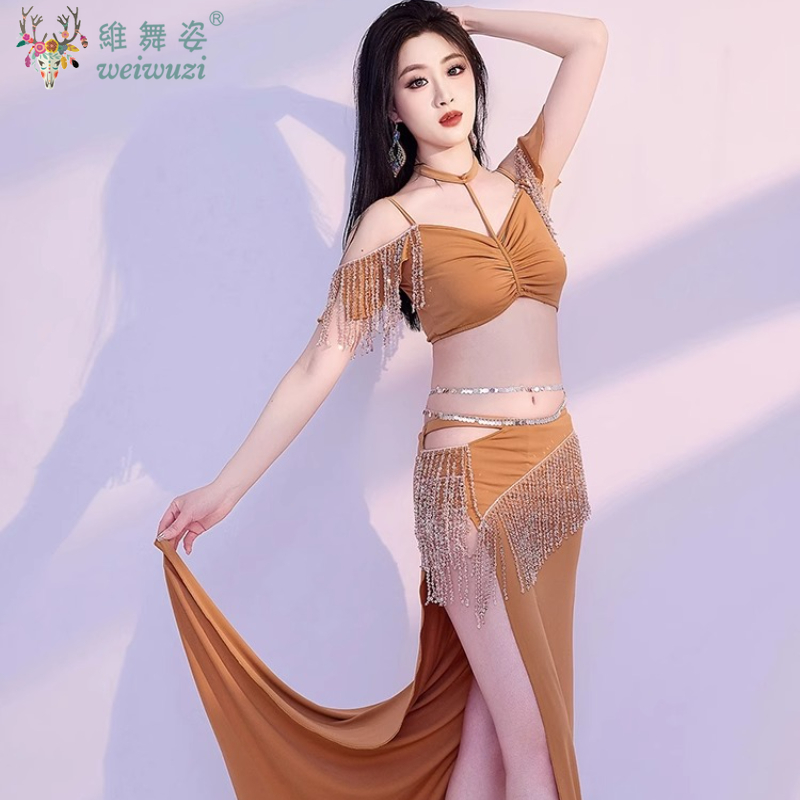 Ensemble de danse du ventre avec pompon, jupe longue cloutée de diamants, tenue de spectacle de danse orientale, vêtements de compétition pour femmes