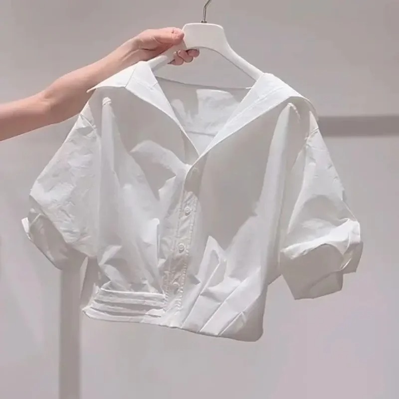 Fanan Nouvelle Collection Été 2026 Chemise Femme à Col Revers et Manches Bouffantes, Coupe Ample, Haut Court