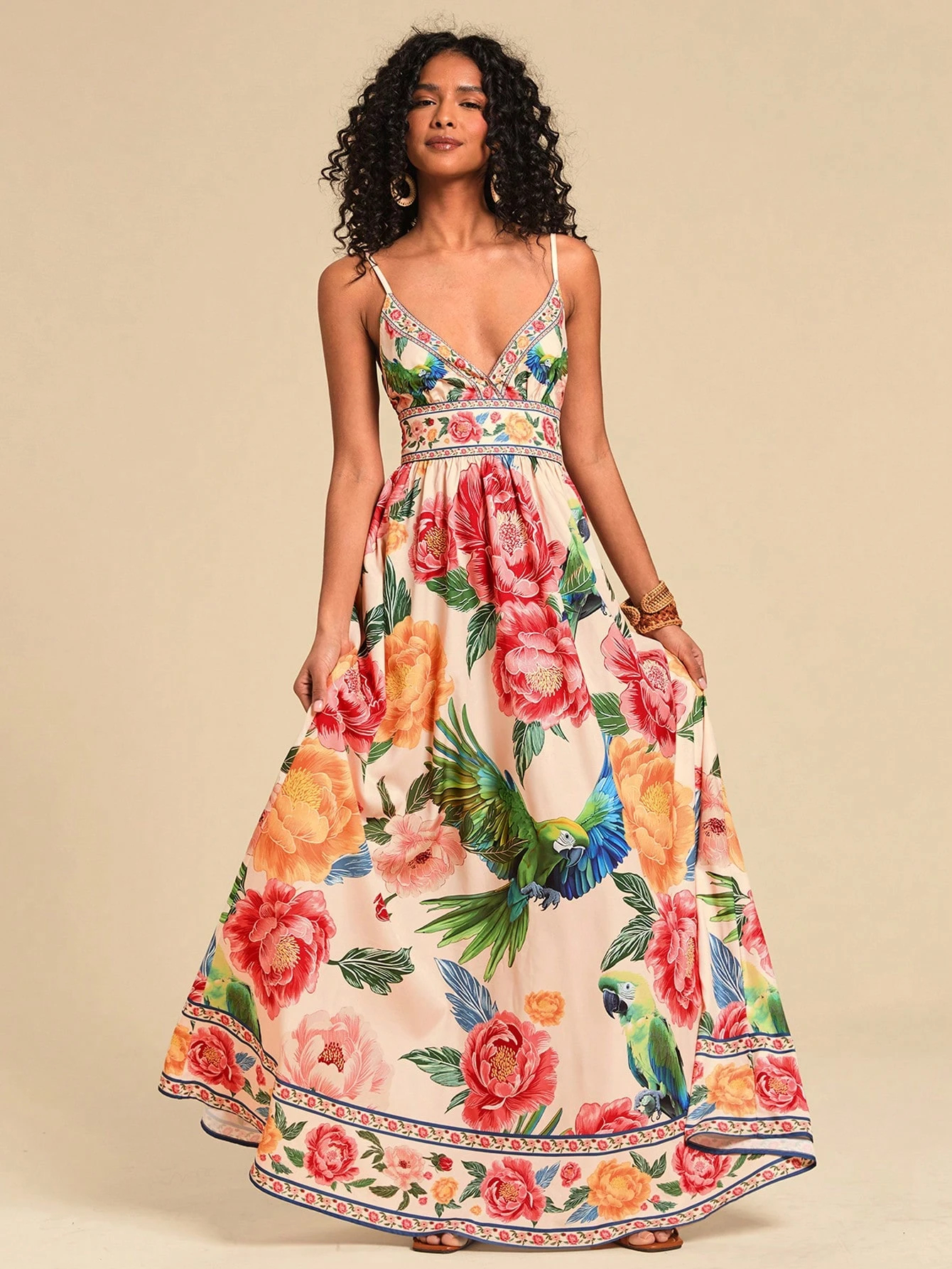 Robe longue élégante à imprimé bohème pour femmes, ceinture en V profond avec taille haute, idéale pour les vacances d'été à la plage.