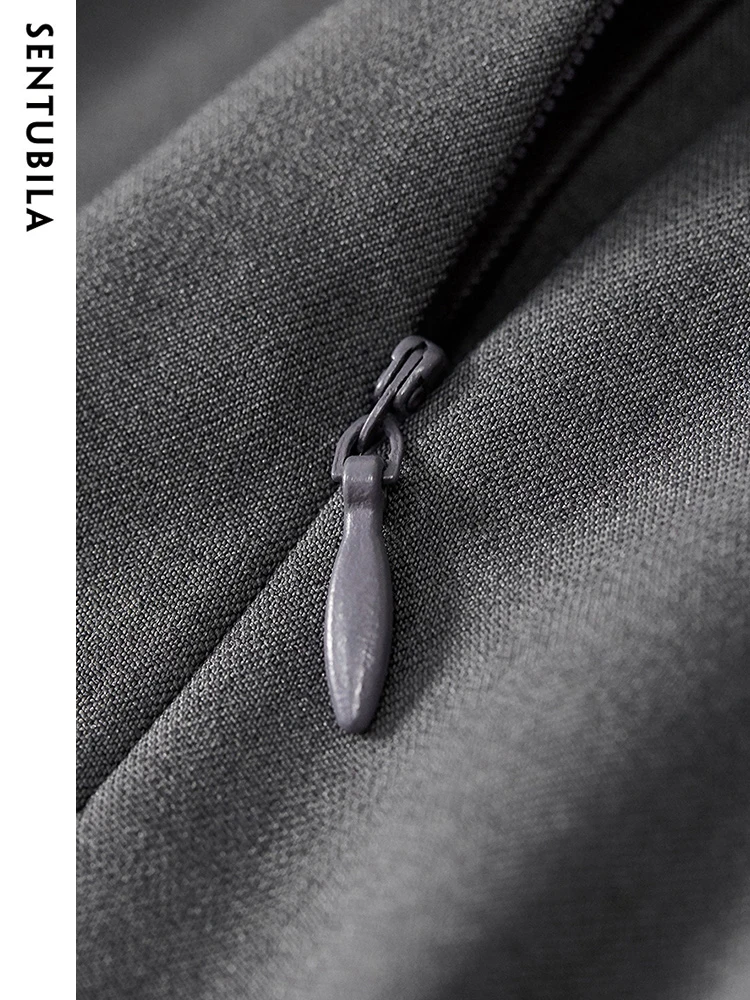 Jupe crayon midi fendue irrégulière SENTUBILA pour femme, taille haute, gris uni, avec poches, collection été 2026 - 132Q48722