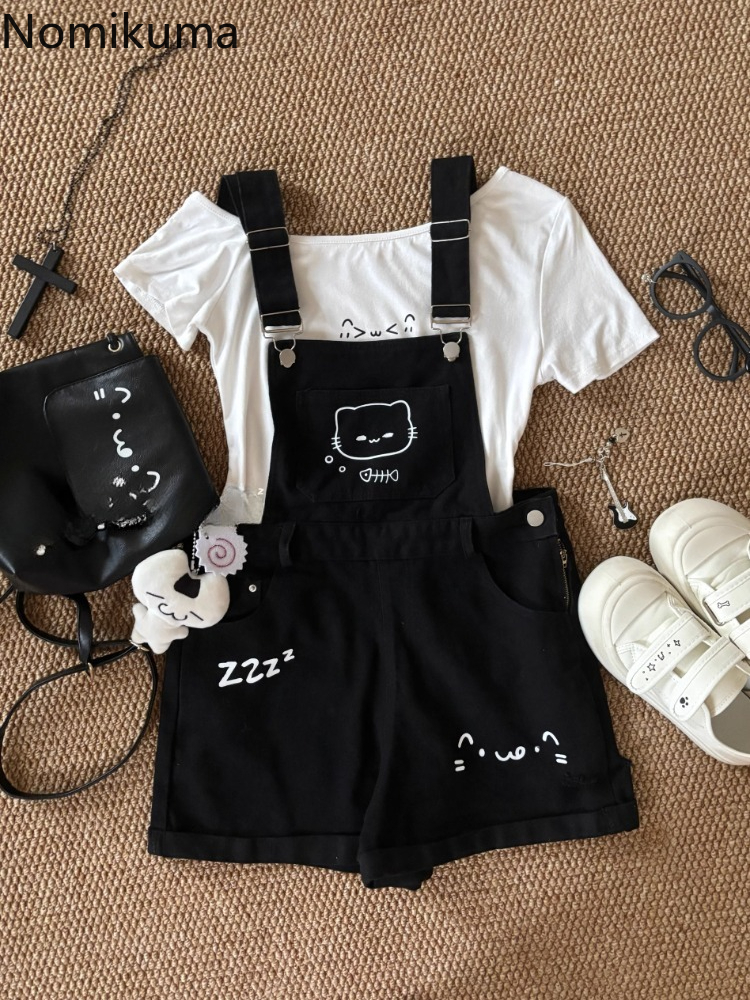 Ensembles courts vêtements d'été femmes deux pièces ensemble tunique t-shirts blancs dessin animé salopette Shorts tenues Style Preppy costume japonais