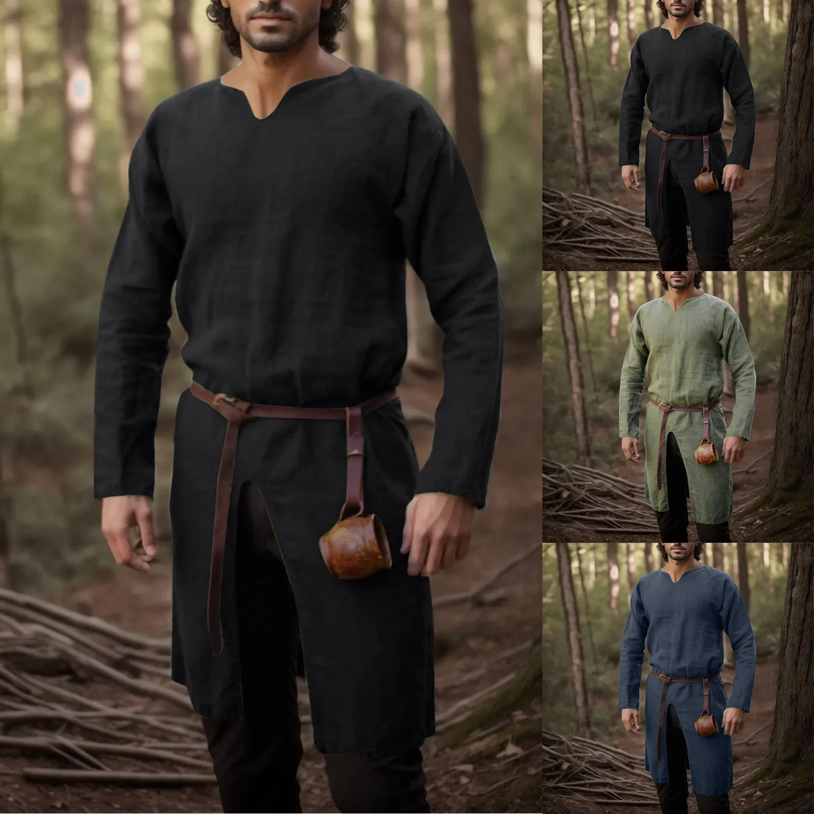 Chemise en lin rétro de la Renaissance médiévale, tunique longue pour hommes, vestes Vintage, Costumes de Cosplay de chevalier Vikings Pirate