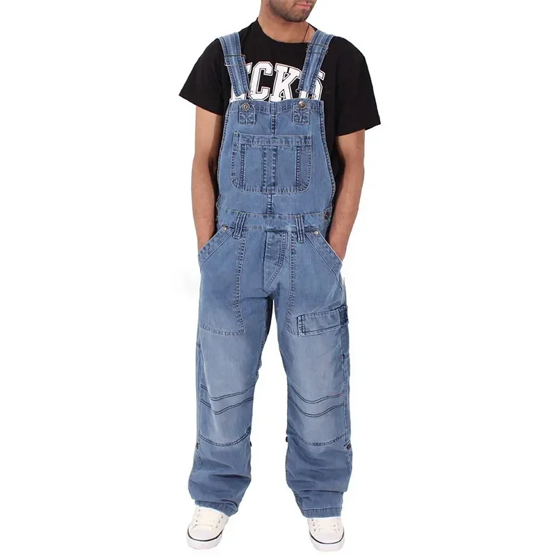 Salopette en jean pour homme, décontractée, style 2025, avec bretelles, multi-poches, coupe ample oversize, taille mi-haute, couleur unie, délavée