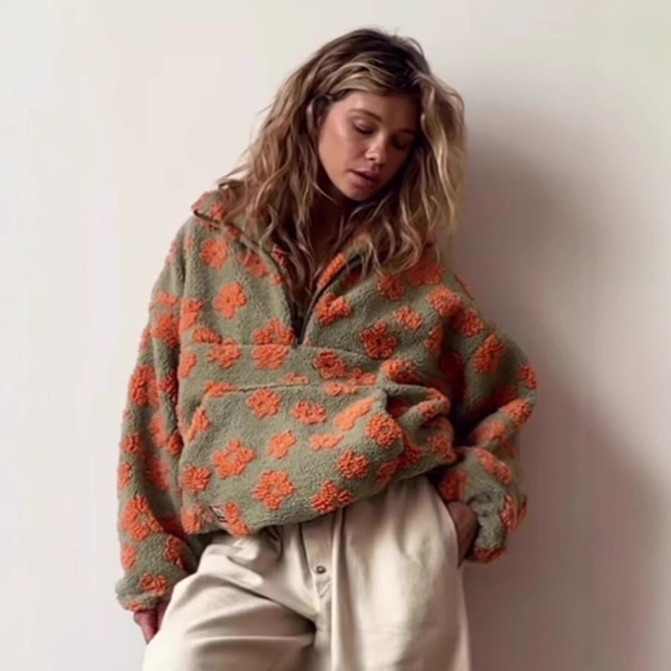 Vêtements d'extérieur pour femmes, nouvelle collection automne/hiver 2025: sweat à capuche en faux peau de mouton à fermeture éclair surdimensionné à fleurs doublées de polaire