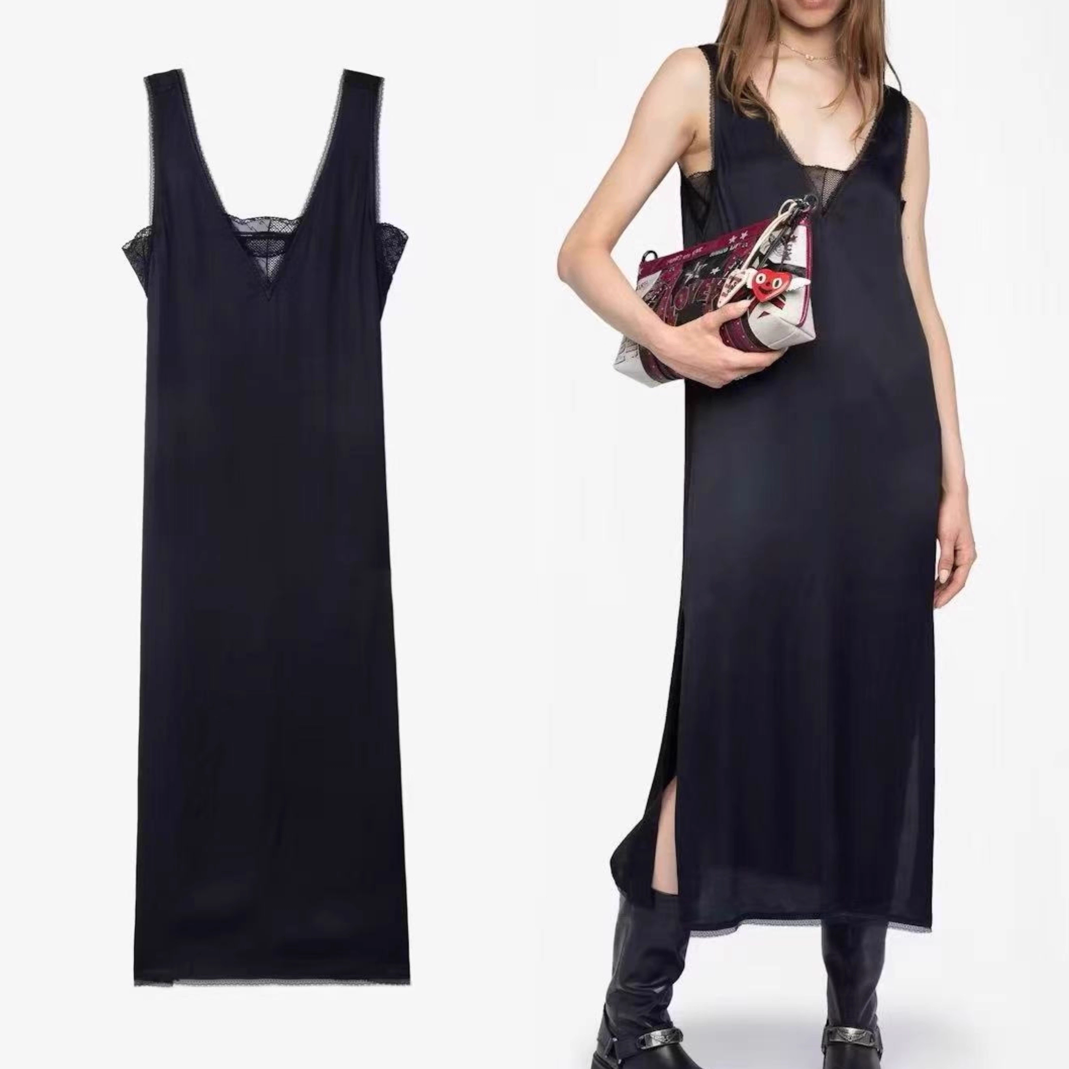 Robe mi-longue en Satin et dentelle pour femmes, 100% Viscose, épissé, col en v, dos nu, fente latérale, pour femmes