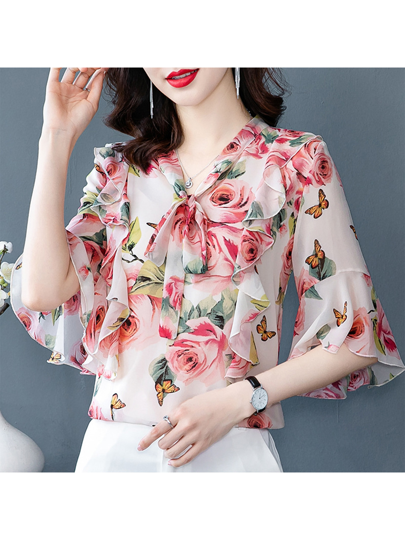 Tops pour femmes, élégants et décontractés, chemisiers à manches bouffantes, chemises à fleurs, vêtements d'été à col en V