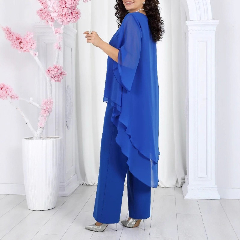 Ensemble haut en mousseline de soie pour femmes, ensemble 2 pièces, manches trois quarts, col rond, couleur unie, vêtements élégants