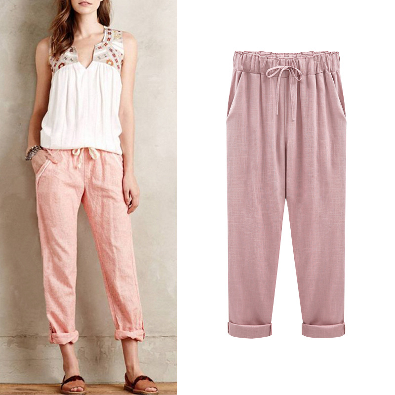Pantalon en lin coton, élastique mi-taille rinçage longueur pantalon, décontracté femmes adt printemps pantalon, pantalon femme taille M-5XL 6XL 7XL 8XL
