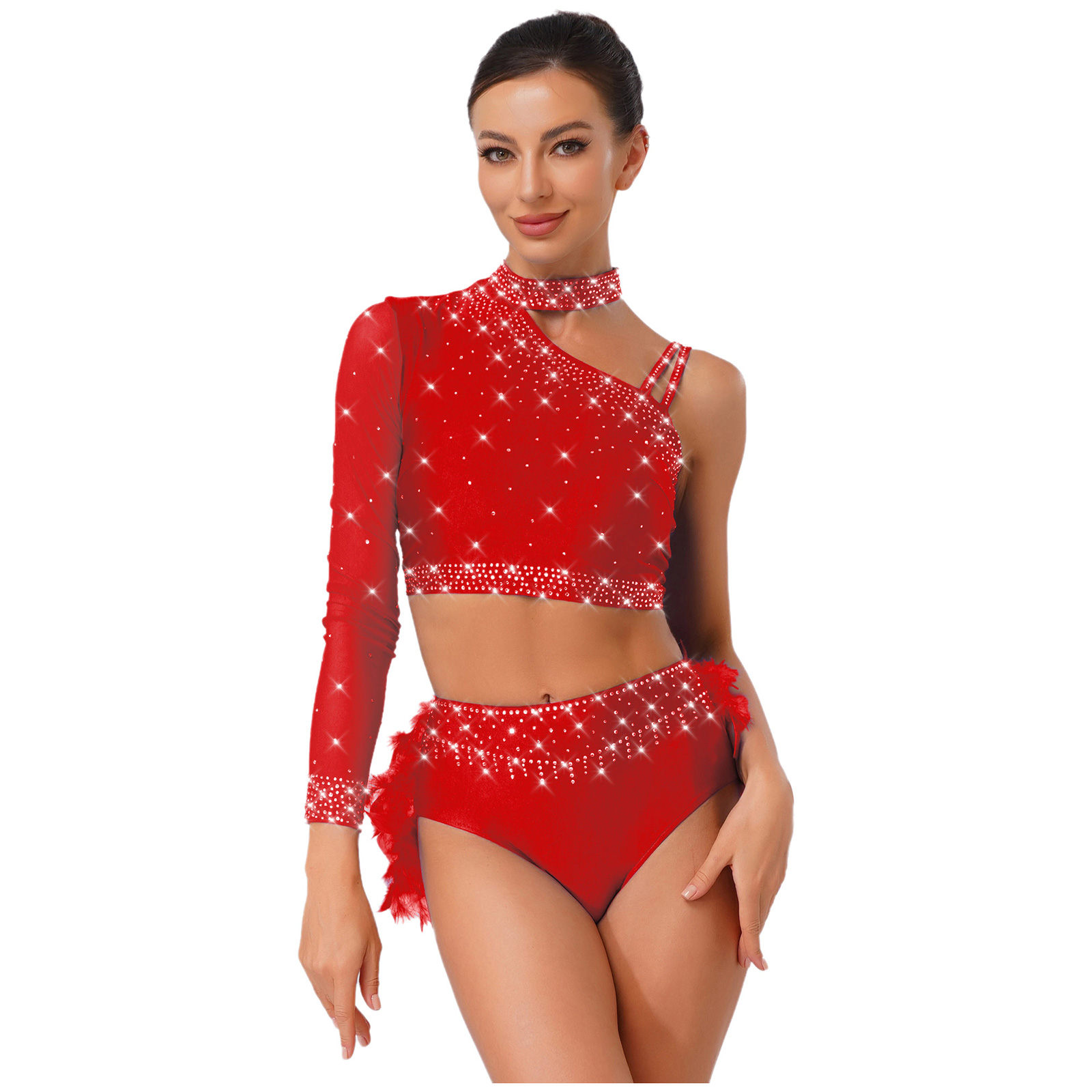Tenues de danse latine pour femmes, asymétrique épaule dénudée, manches longues, haut court avec slip en plumes, Costume de patinage artistique Chacha Tango