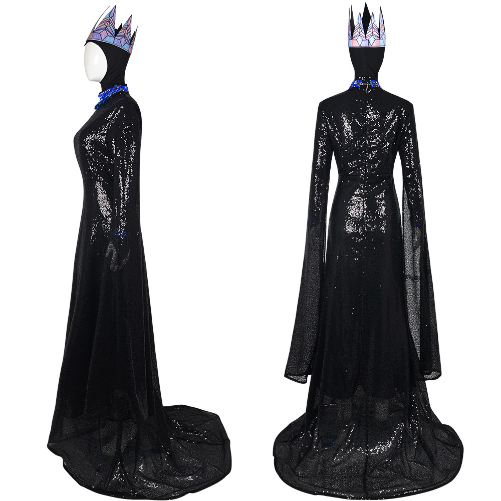 Costume de Cosplay Evil Queen Mère-épouse Blanche pour Femme, Robe Longue Noire, Couronne et Collier, Tenue d'Halloween, Déguisement de Spectacle