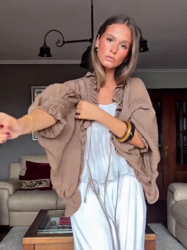 Chemisier Fluide Marron Élégant et Chic pour Femme, Col en V Tendance, Nœud Devant, Manches Longues à Volants, Coupe Ample, Nouveauté Automne, Haut Quotidien Style Urbain