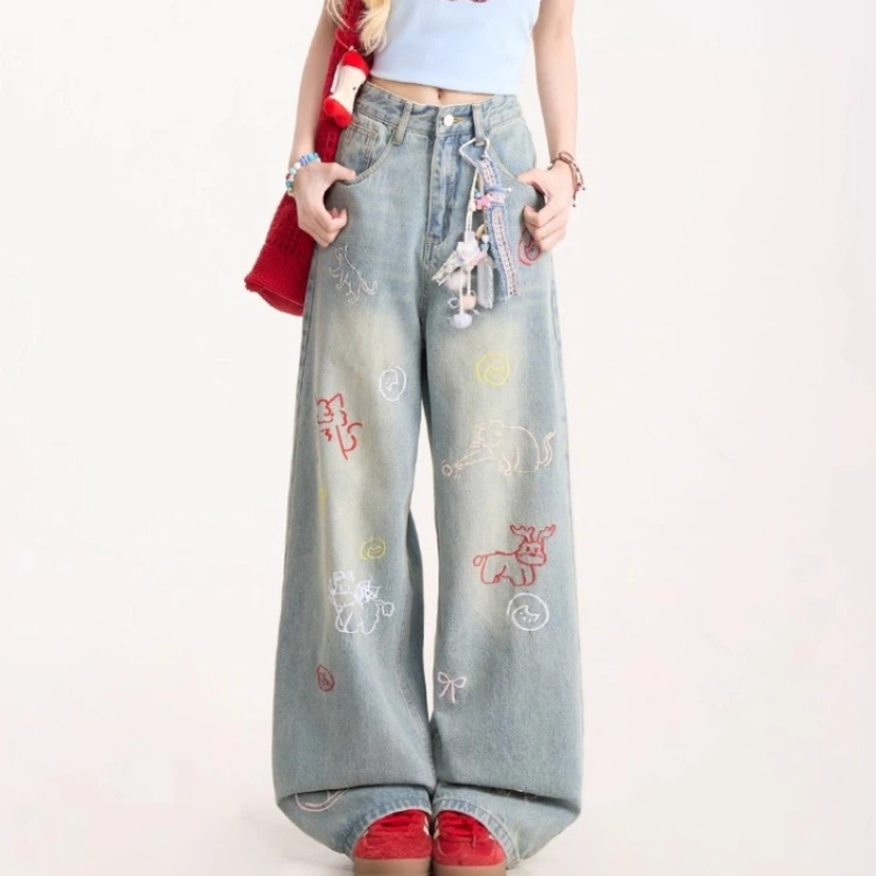 Jean pour femme Y2k pantalon rétro délavé Denim jambe droite pantalon à jambes larges dessin animé broderie conception confortable usage quotidien