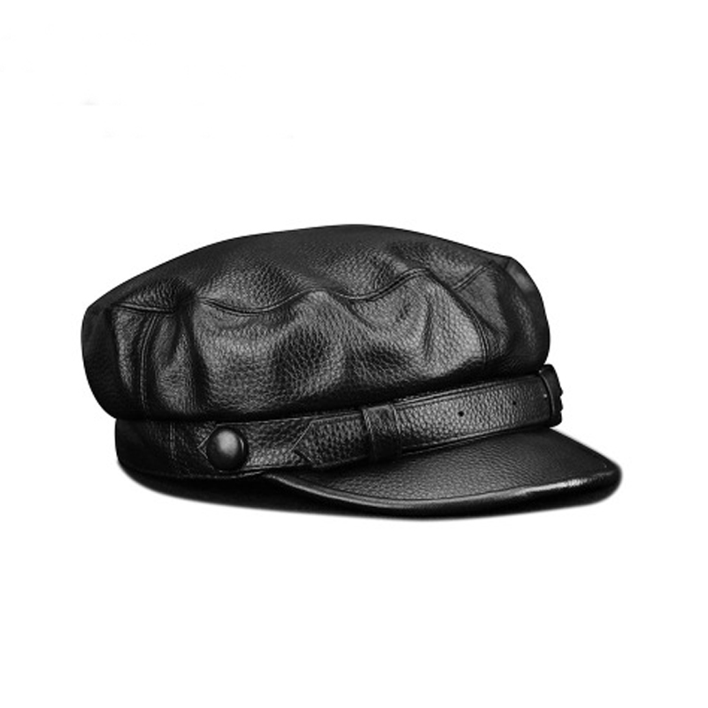 Mode femmes hommes véritable peau de vache militaire chapeau marin chapeaux noir dames béret casquettes plat haut capitaine casquette voyage cadet octogonale chapeau