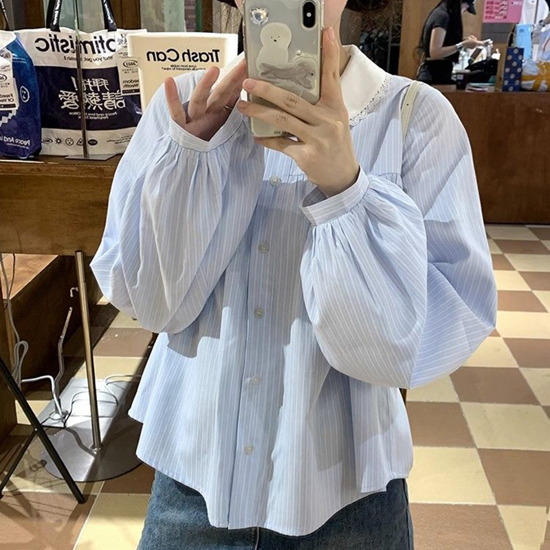 Chemise rayée à manches longues pour femmes, chemisier chic, style preppy coréen, tout match, col rabattu, mode printemps, nouveau