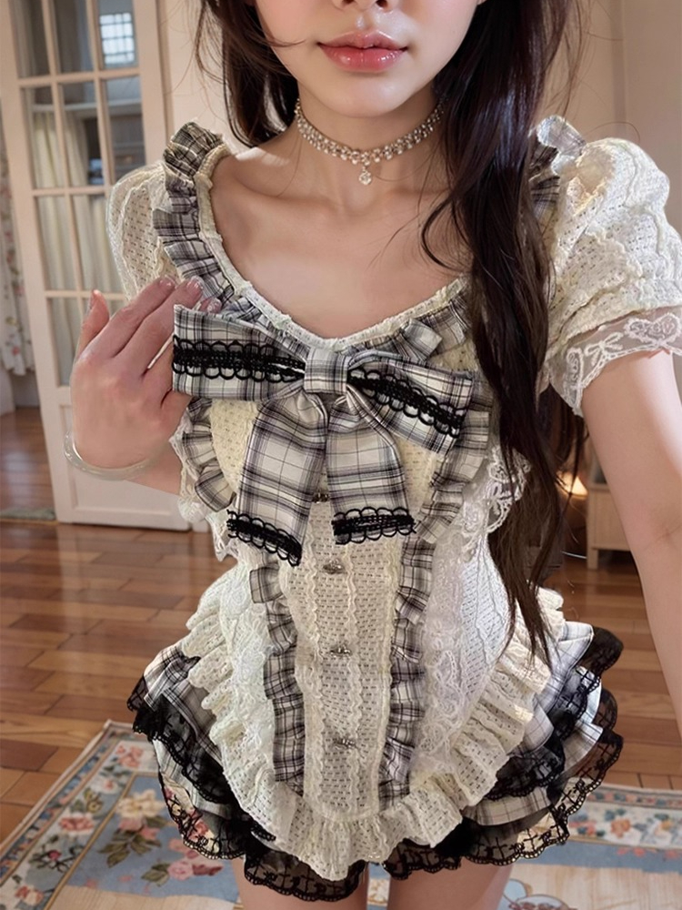 Ensemble 2 pièces japonais doux Kawaii pour femmes, haut en dentelle avec nœud mignon + Mini jupe bouffante, nouvelle mode Harajuku Y2k, tenues de Style Preppy à carreaux