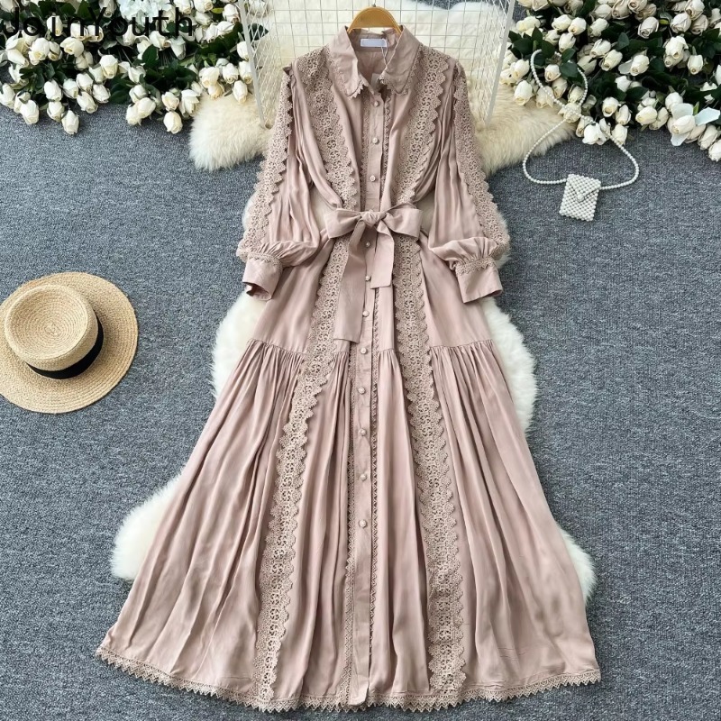 Robe en dentelle vintage à col rabattu pour femmes, manches lanterne, nœud de bandage, coupe couvertes, grande balançoire, robes maxi élégantes