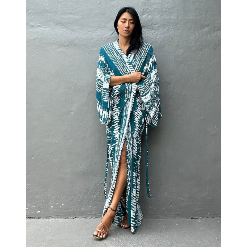 Cardigan Kimono imprimé teinture par nouage pour femmes, couverture de plage, robes portefeuille avec ceinture, costumes de bain pour vacances d'été